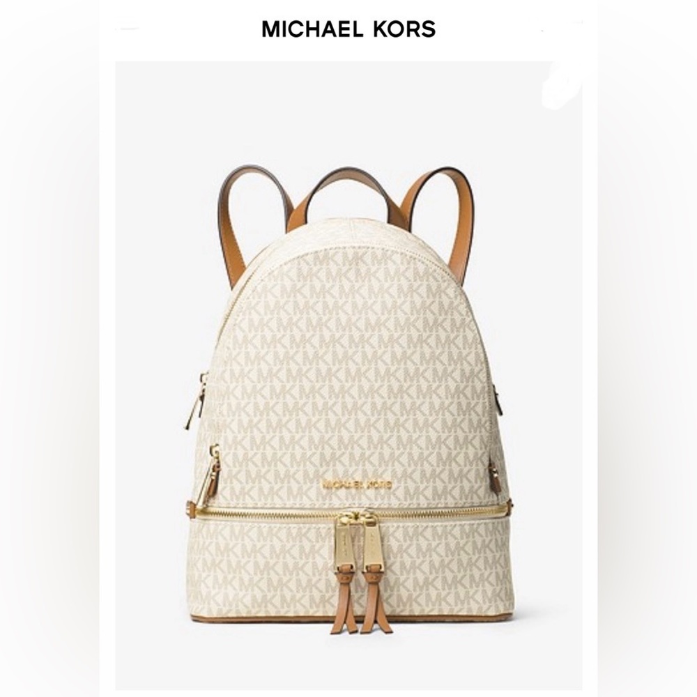 Michael Kors Rhea Zip Rucksack Backpack Medium. Brown/ White